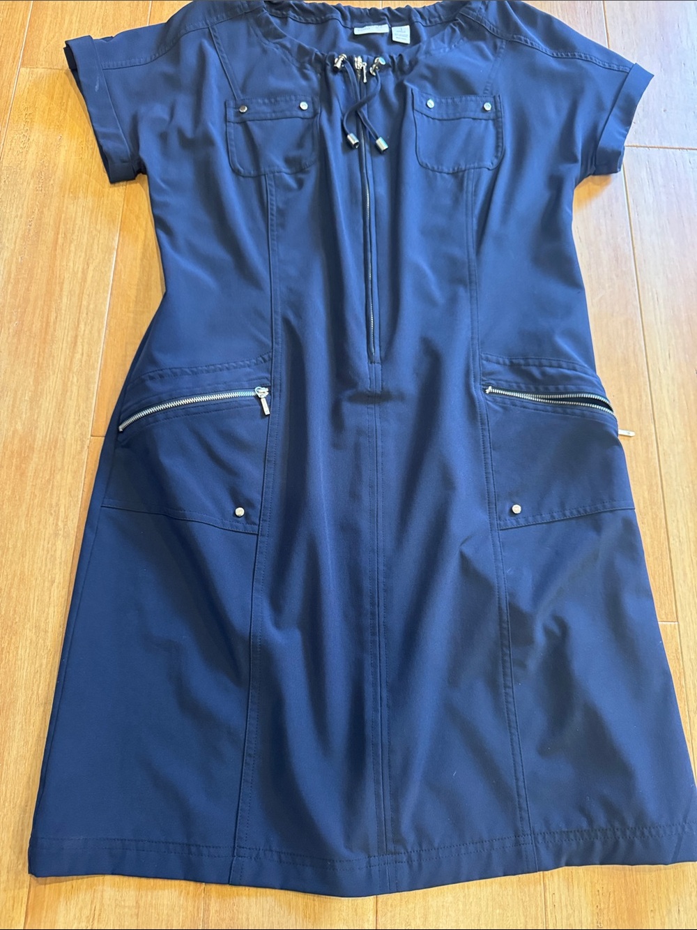 Navy Short-Sleeve Zip-Front Mini Dress with Drawstring